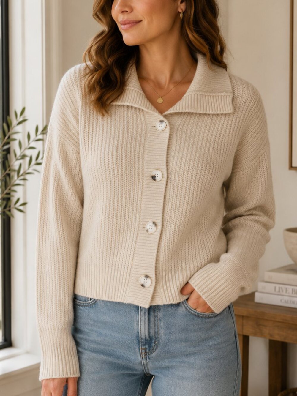 Greylin Rib Knit Button Cardigan Cream Collared Oversized Cozy Sweater M